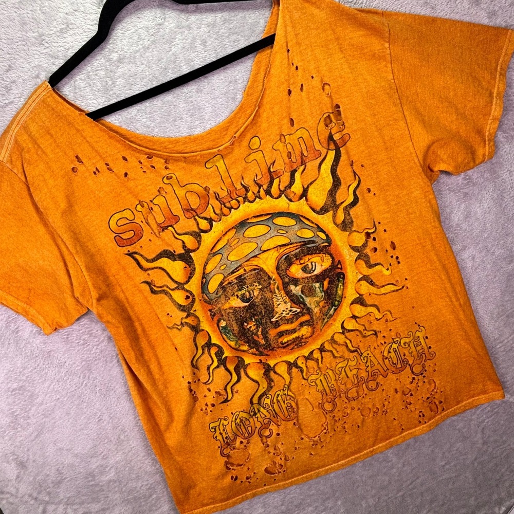 Sublime Women T-Shirt XL Orange Distressed Sun Graphic Long Beach Band Tee